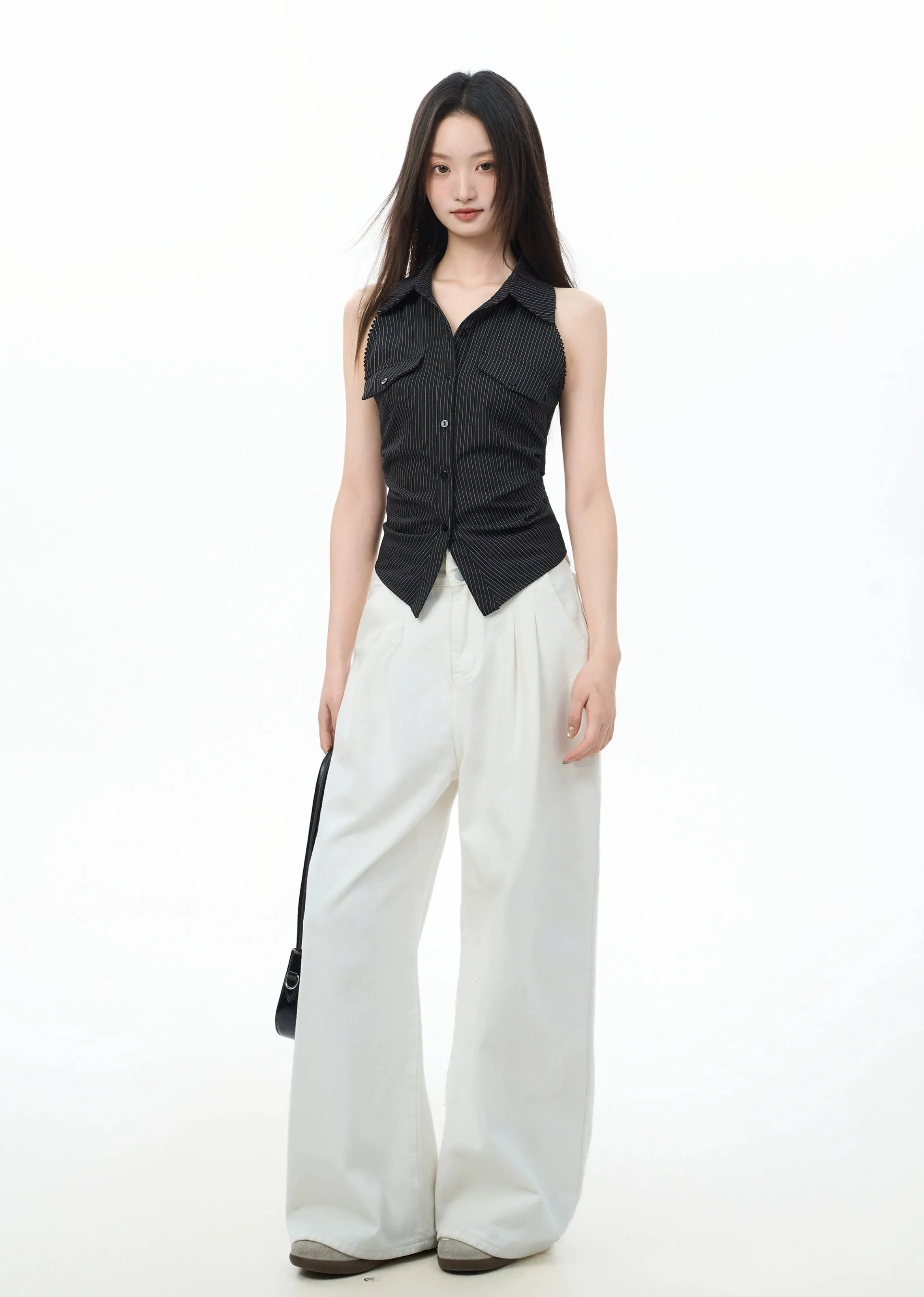 Pinstripe Button-Down Sleeveless Top with Tie Back sold by Night City Clothing product image thumbnail 5