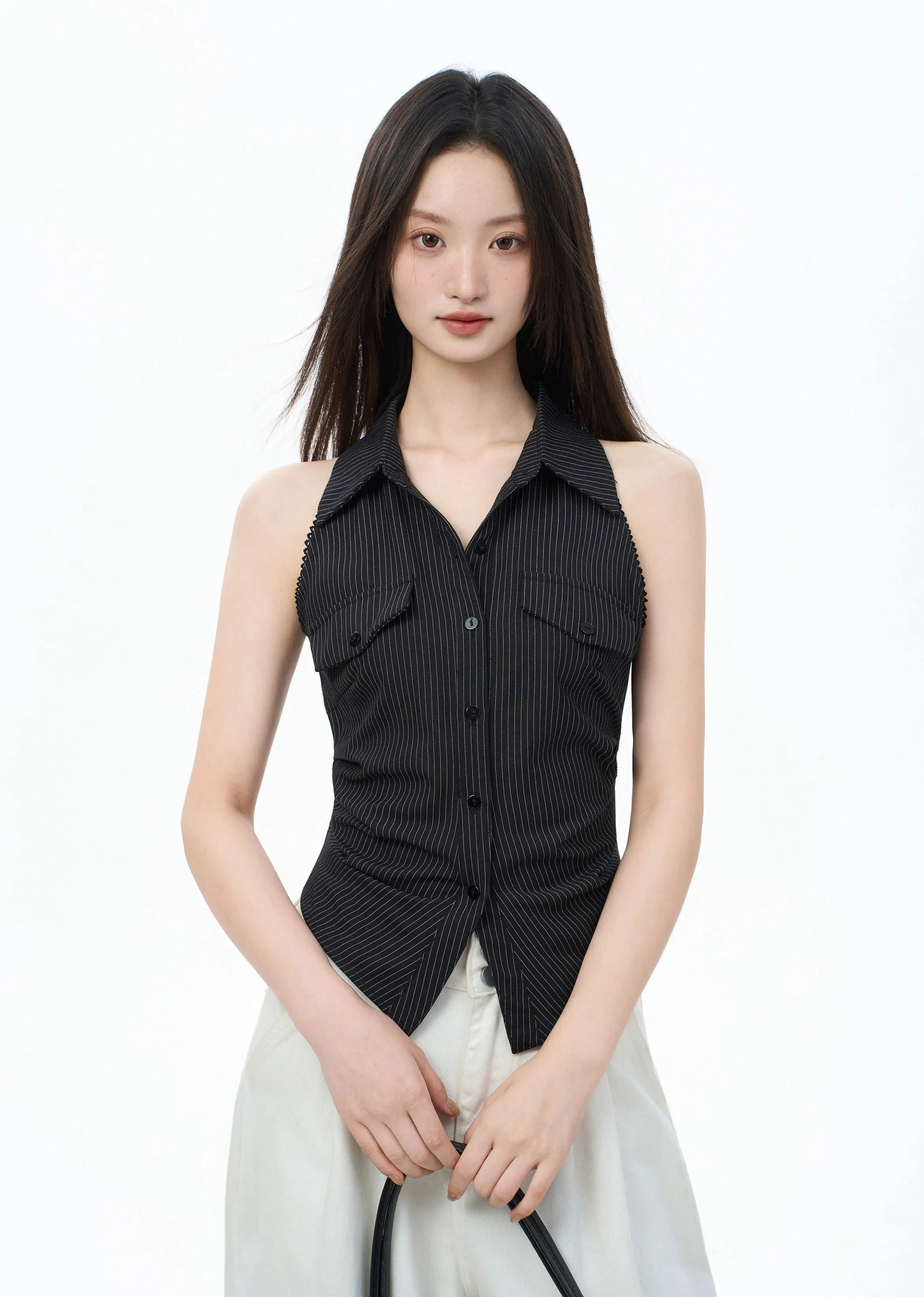 Pinstripe Button-Down Sleeveless Top with Tie Back sold by Night City Clothing product image thumbnail 3