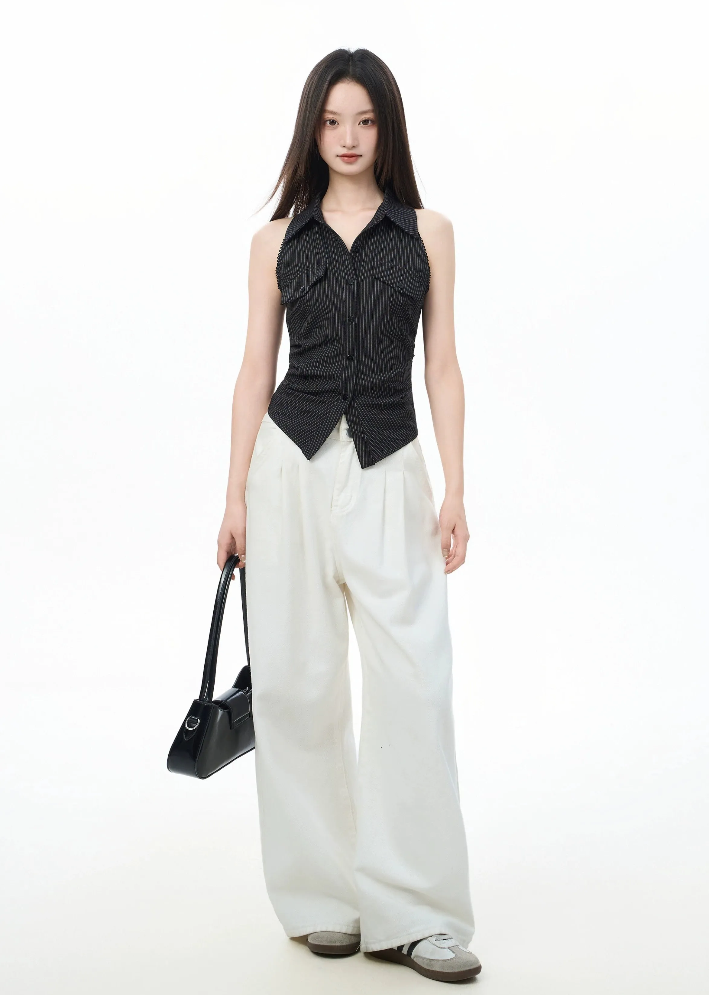 Pinstripe Button-Down Sleeveless Top with Tie Back sold by Night City Clothing product image thumbnail 4