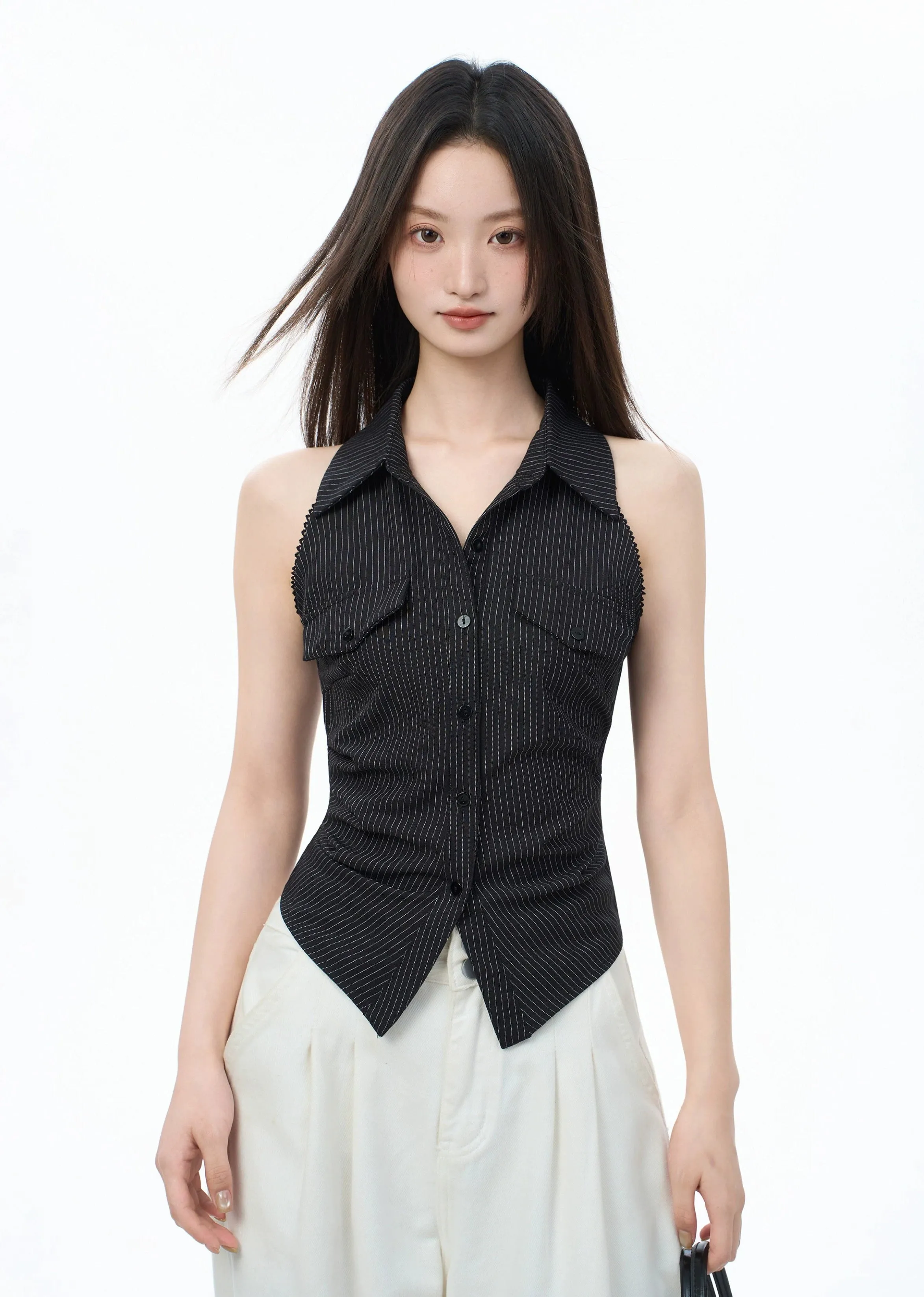 Pinstripe Button-Down Sleeveless Top with Tie Back sold by Night City Clothing product image thumbnail 2