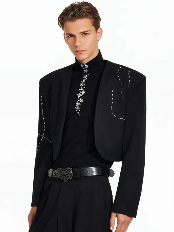 Structured Curve-Panel Cropped Blazer with Embellished Detailing and Wide Leg Pants Two-Piece Set sold by Night City Clothing