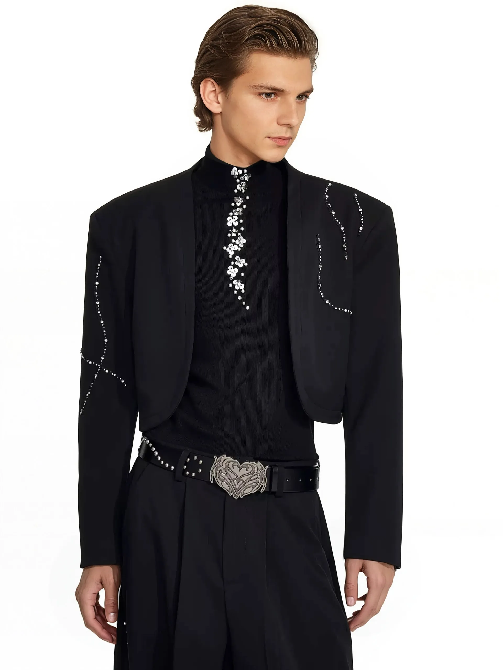 Structured Curve-Panel Cropped Blazer with Embellished Detailing and Wide Leg Pants Two-Piece Set sold by Night City Clothing product image thumbnail 4