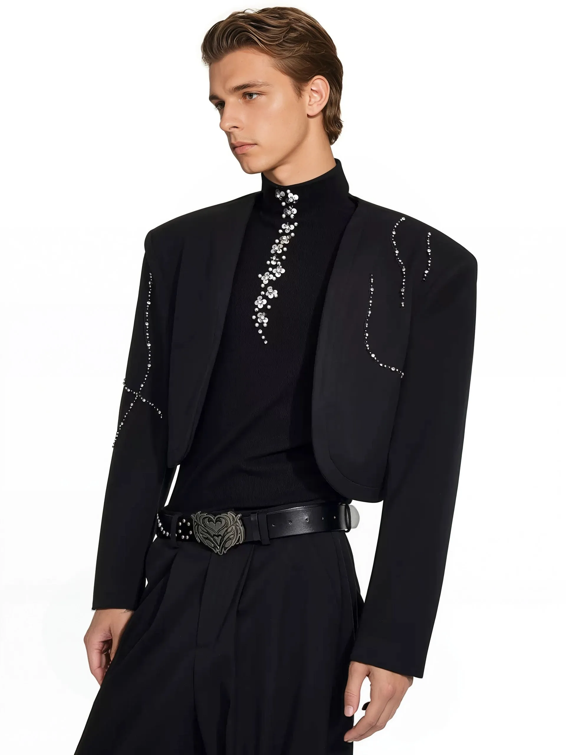 Structured Curve-Panel Cropped Blazer with Embellished Detailing and Wide Leg Pants Two-Piece Set sold by Night City Clothing product image thumbnail 3