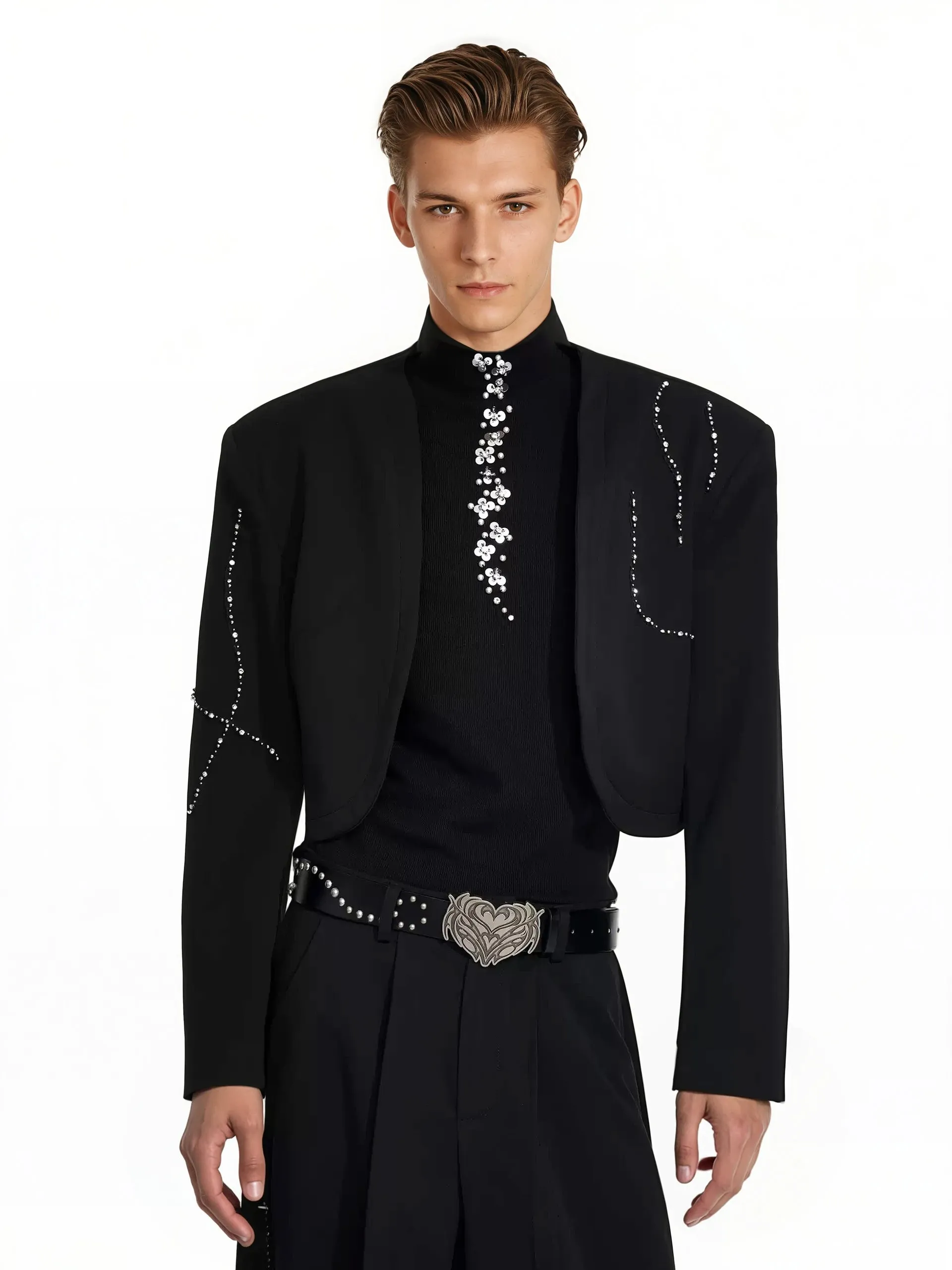 Structured Curve-Panel Cropped Blazer with Embellished Detailing and Wide Leg Pants Two-Piece Set sold by Night City Clothing product image thumbnail 2