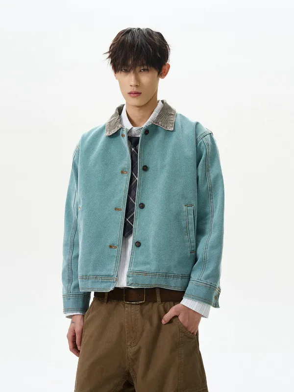 Contrast Collar Button-Up Mid Crop Worker Denim Jacket sold by Night City Clothing