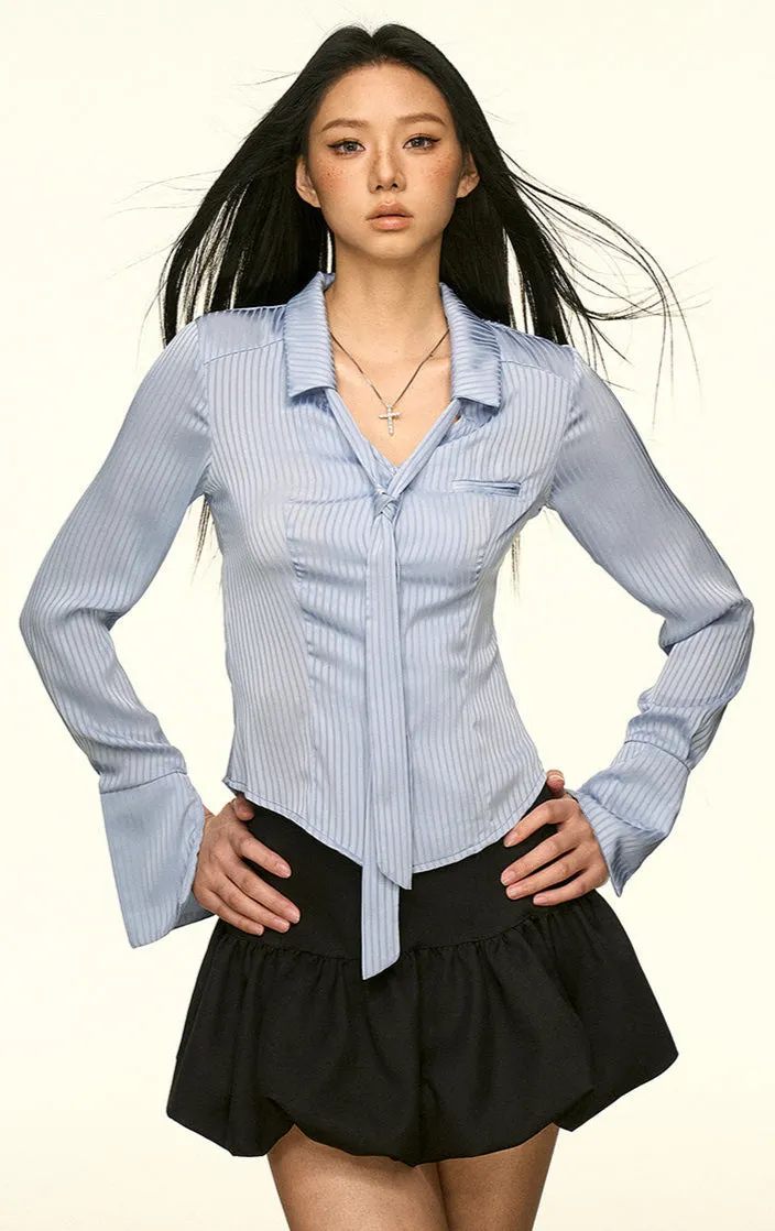 Striped Button-Up Long Sleeve Shirt with Tie Detail sold by Night City Clothing product image thumbnail 3