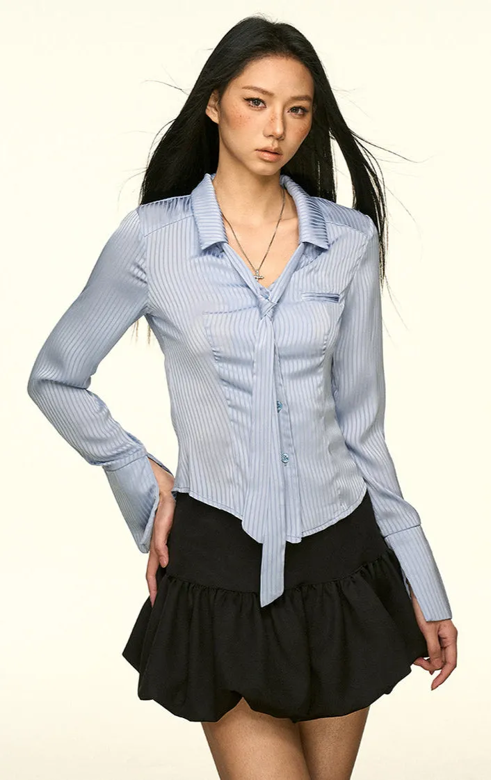 Striped Button-Up Long Sleeve Shirt with Tie Detail sold by Night City Clothing product image thumbnail 4
