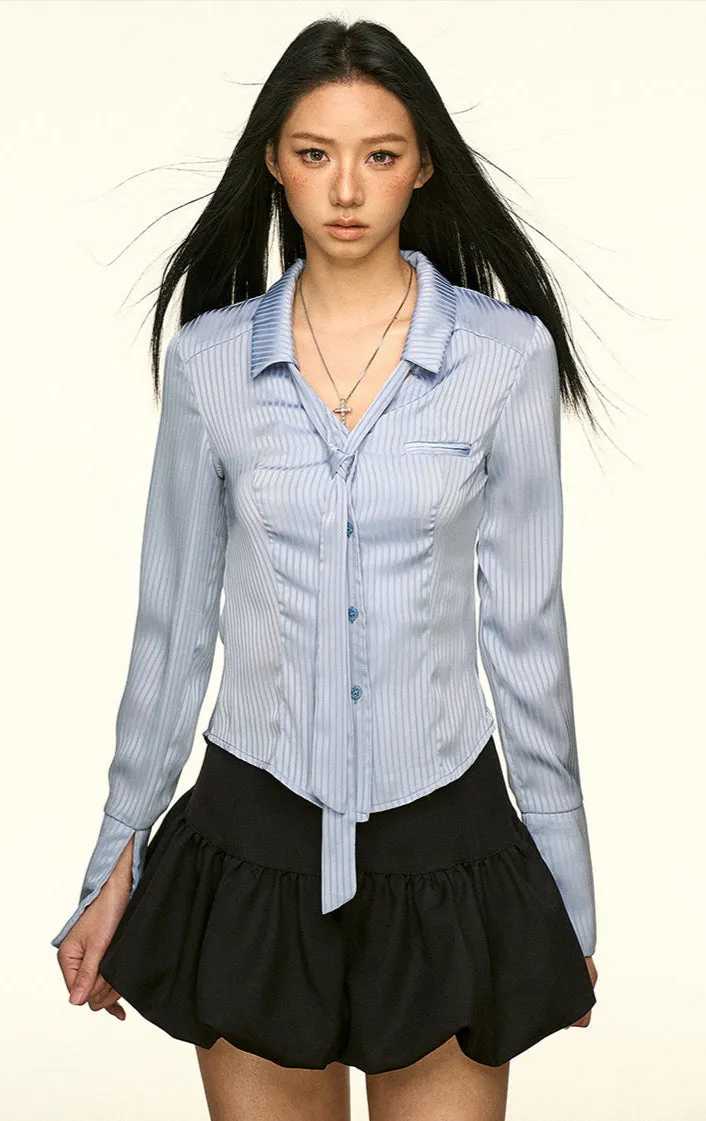 Striped Button-Up Long Sleeve Shirt with Tie Detail sold by Night City Clothing