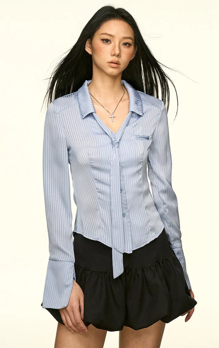 Striped Button-Up Long Sleeve Shirt with Tie Detail sold by Night City Clothing product image thumbnail 2