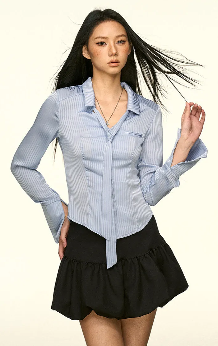 Striped Button-Up Long Sleeve Shirt with Tie Detail sold by Night City Clothing product image thumbnail 5