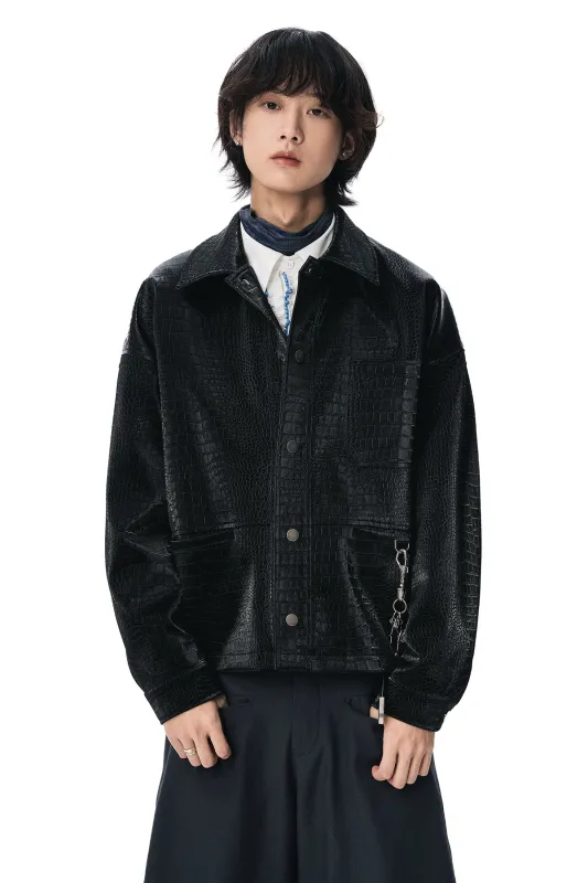 Oversized Crocodile Pattern Faux Leather Snap Button Jacket sold by Night City Clothing