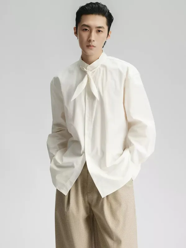 Mandarin Collar Button-Up Shirt with Attached Neck Tie Detail sold by Night City Clothing