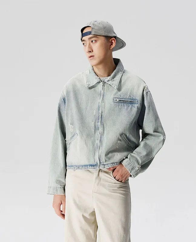 Faded Distressed Mid Crop Denim Jacket sold by Night City Clothing