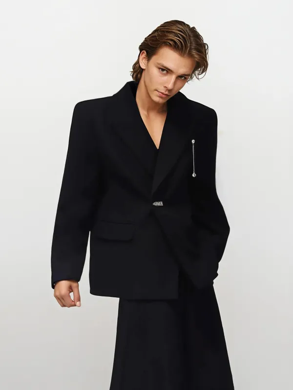 Oversized Peak Lapel Blazer with Metal Clasp Closure and Drop Pendant sold by Night City Clothing