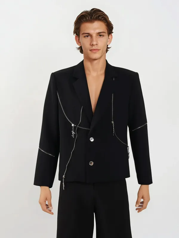 Structured Single-Breasted Blazer with Asymmetric Zip Details made by Night City Clothing