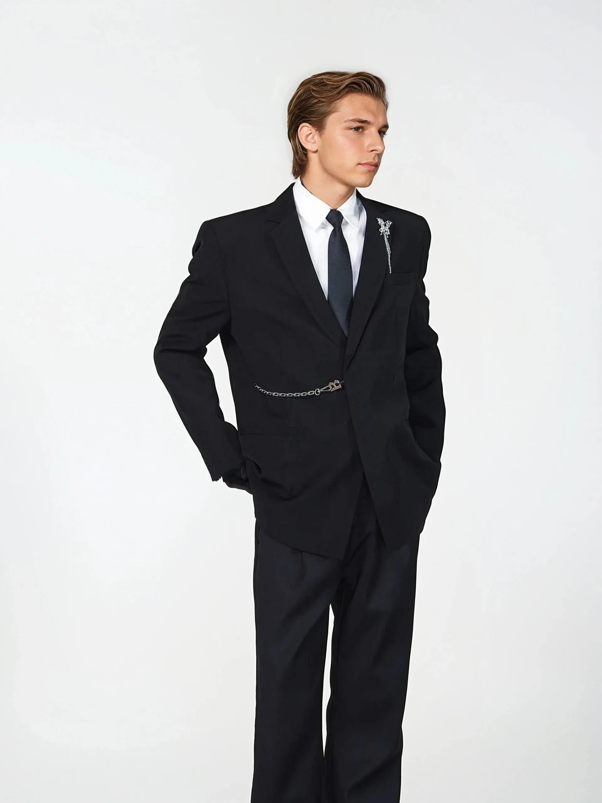 Structured Fit Single-Breasted Blazer with Notch Lapel and Chain Detail sold by Night City Clothing product image thumbnail 3