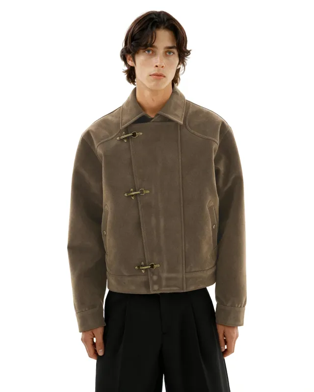Asymmetric Fireman Buckle Mid Crop Suede Jacket sold by Night City Clothing