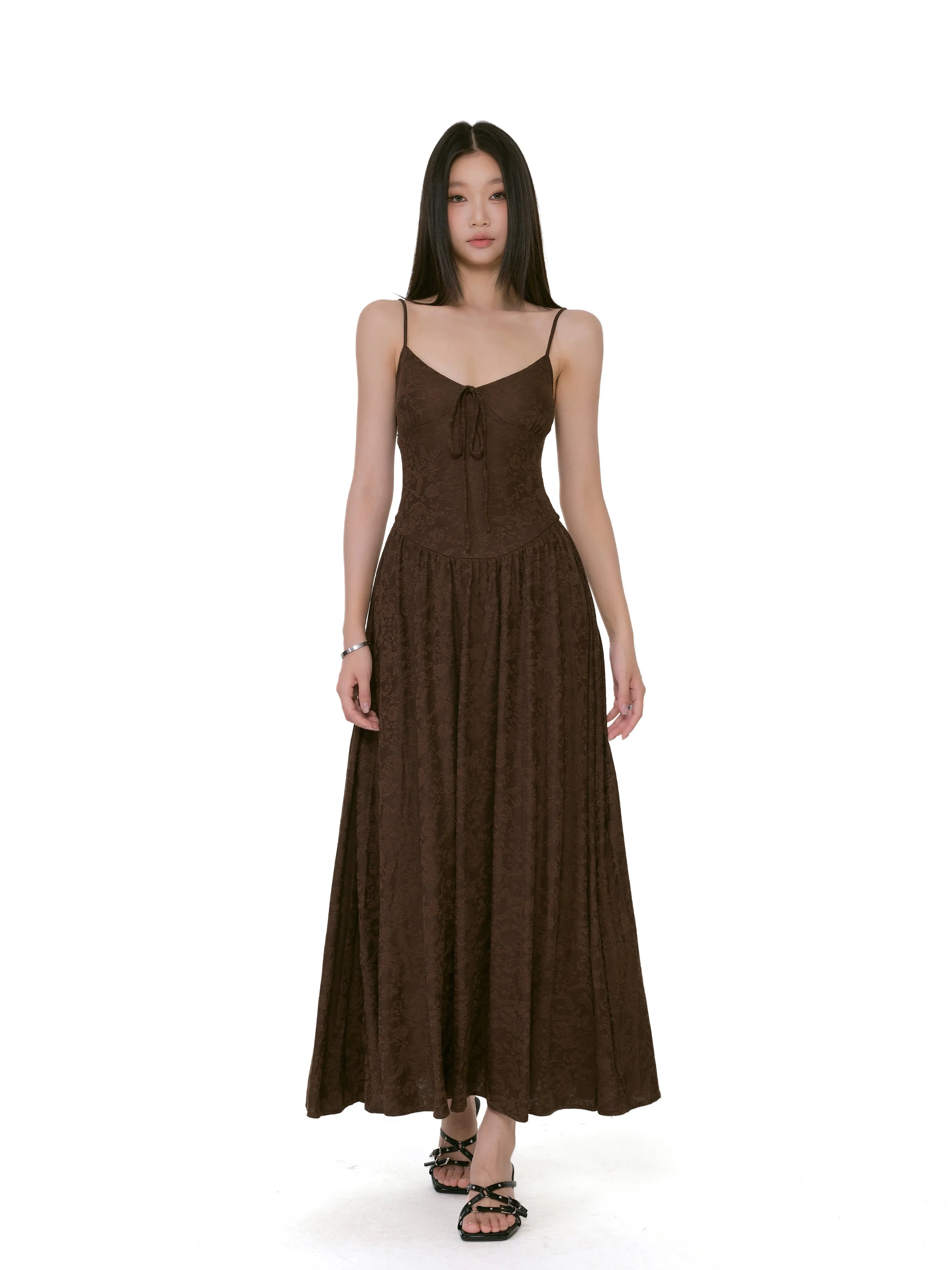 Textured Floral Pattern Spaghetti Strap Maxi Dress with Tie Front sold by Night City Clothing product image thumbnail 4