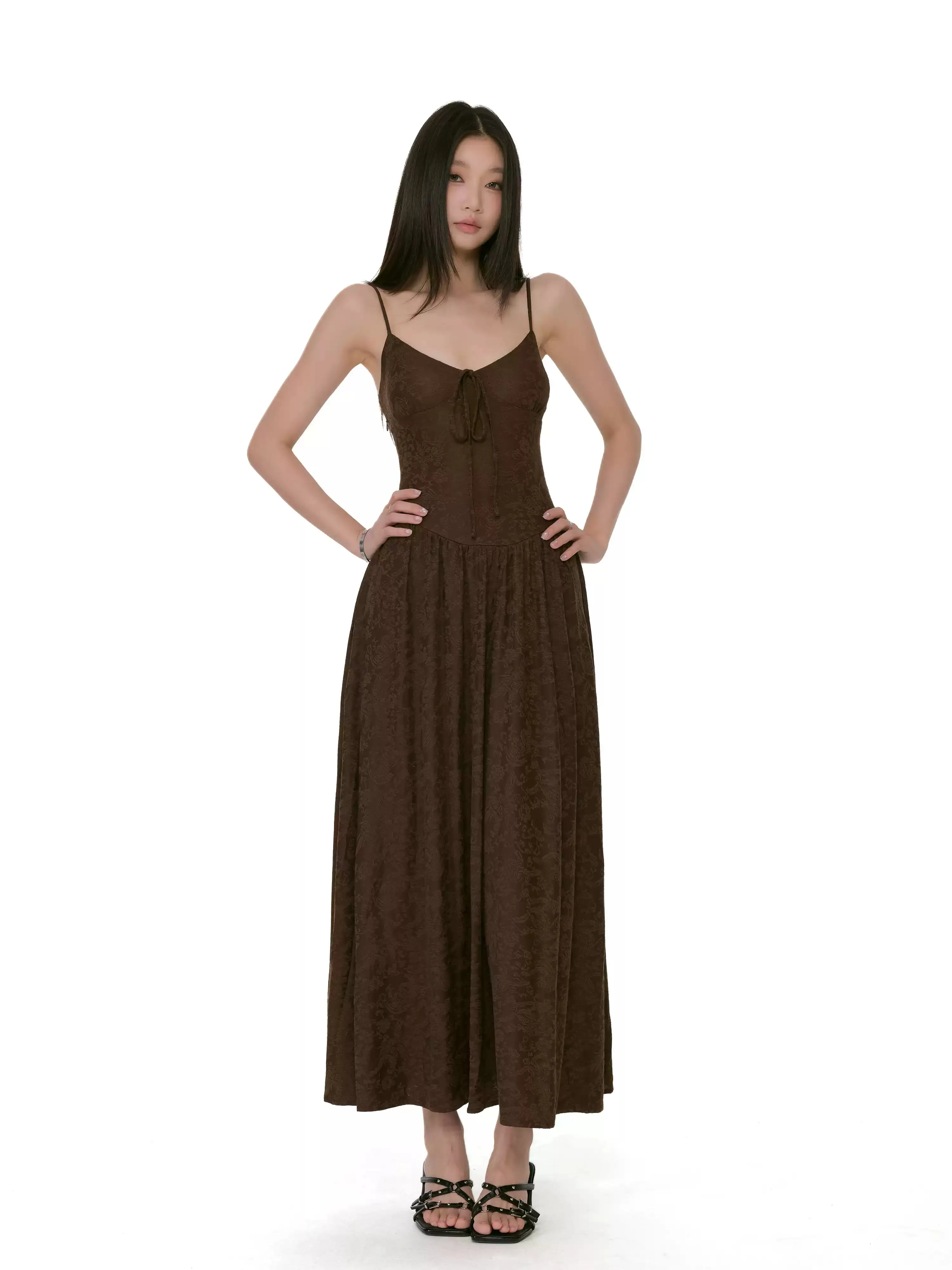 Textured Floral Pattern Spaghetti Strap Maxi Dress with Tie Front sold by Night City Clothing product image thumbnail 3