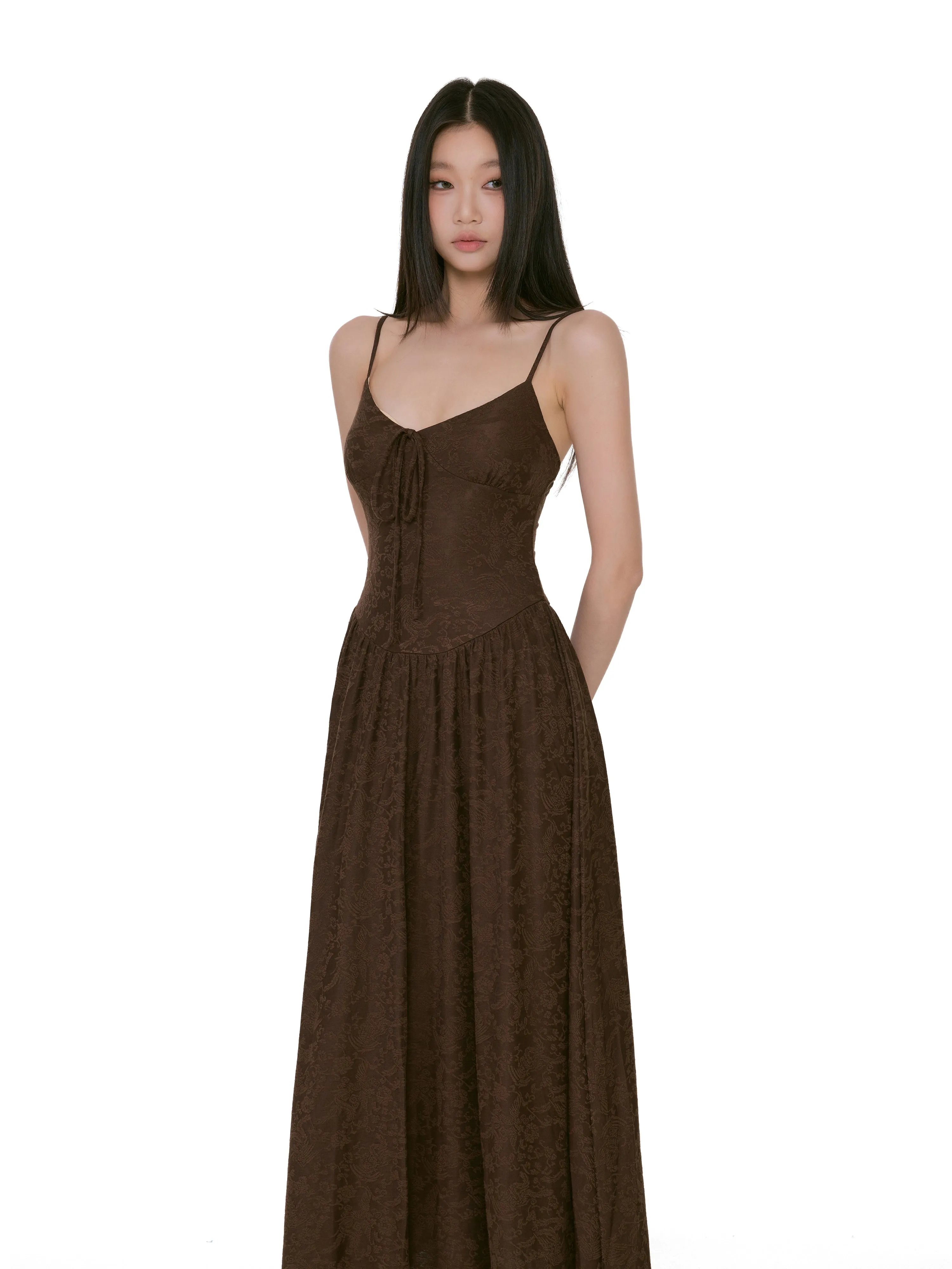 Textured Floral Pattern Spaghetti Strap Maxi Dress with Tie Front sold by Night City Clothing product image thumbnail 5