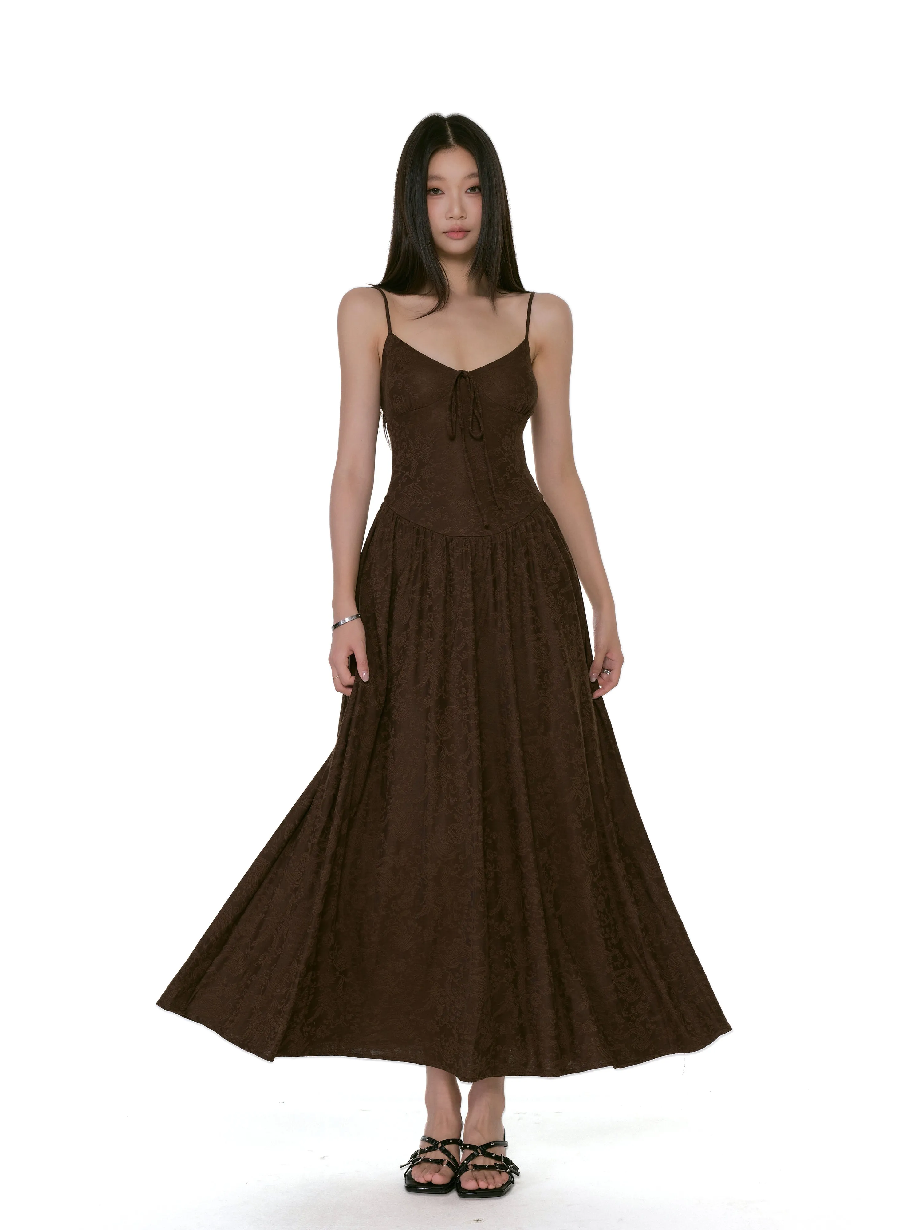 Textured Floral Pattern Spaghetti Strap Maxi Dress with Tie Front sold by Night City Clothing product image thumbnail 2