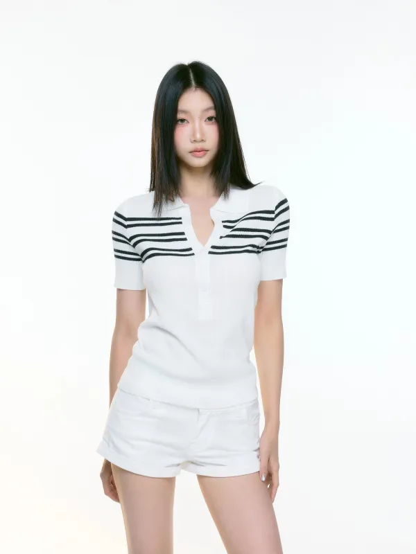 Stripe Ribbed Knit Polo Shirt with Button Detail sold by Night City Clothing