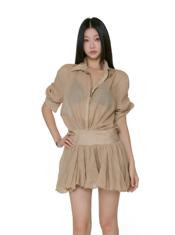 Collared Mini Shirt Dress with Gathered Waist and Flared Hem sold by Night City Clothing