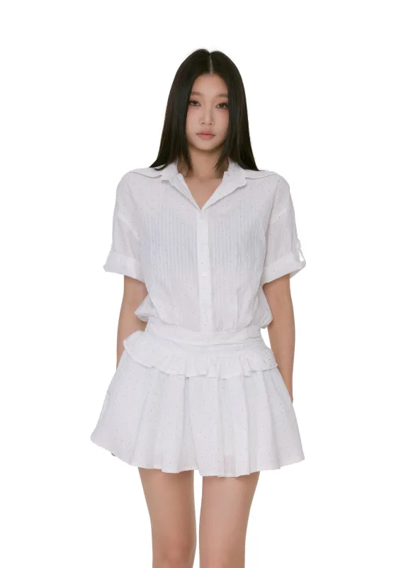 Textured Button-Up Mini Dress Shirt With Ruffle Trim sold by Night City Clothing