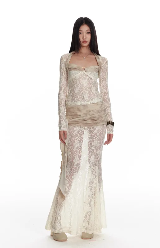 Sheer Lace Mesh Long Sleeve Top and Mermaid Maxi Skirt with Drape Wrap Detail Two-Piece Set sold by Night City Clothing