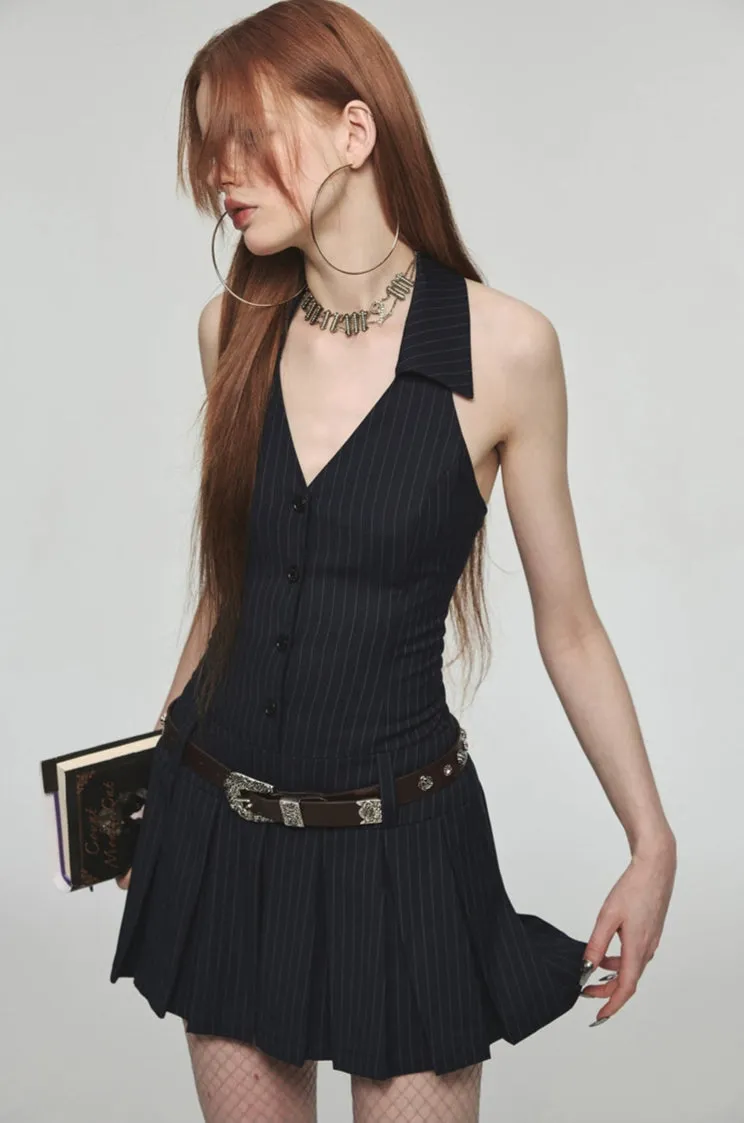 Halter Neck Stripe Button Pleated Mini Dress with Belt Loops sold by Night City Clothing product image thumbnail 5