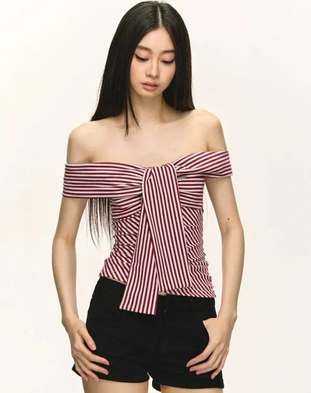 Stripe Off Shoulder Top with Attached Scarf sold by Night City Clothing