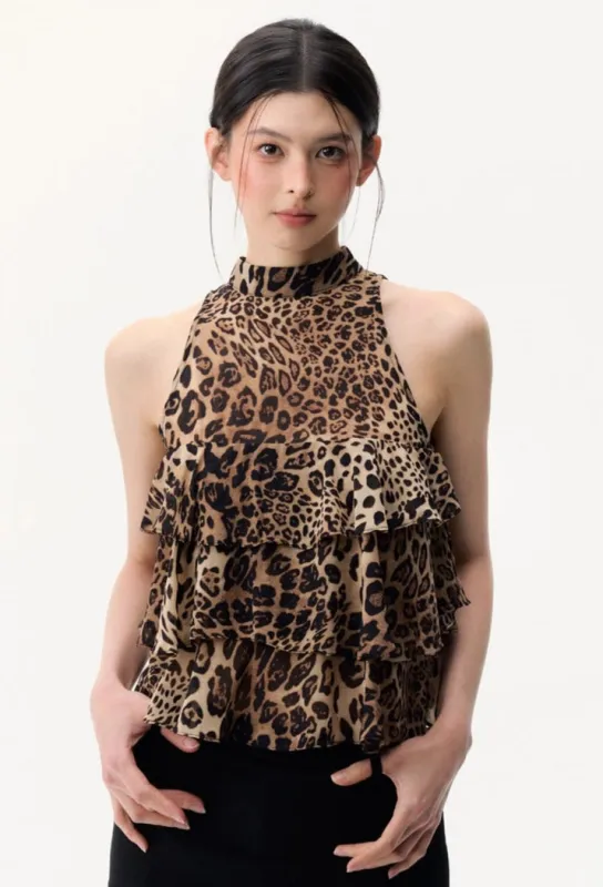 Leopard Print Tiered Ruffle Halter Top sold by Night City Clothing