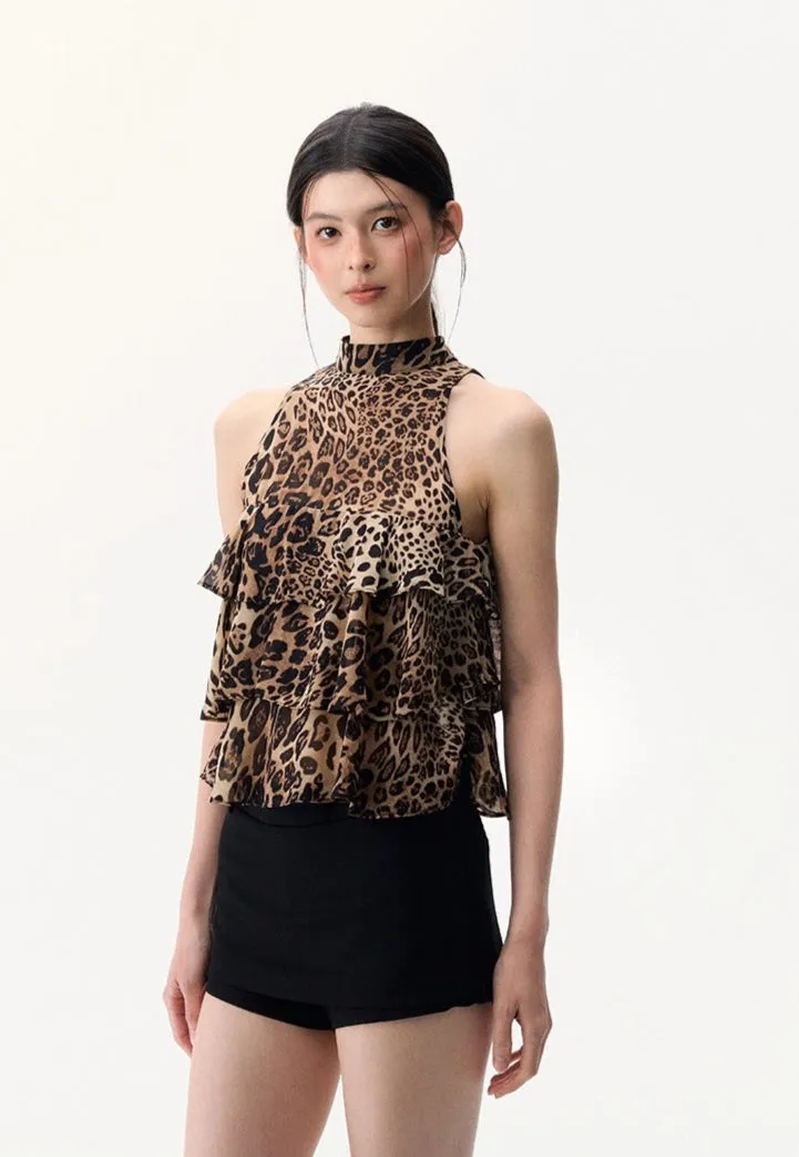 Leopard Print Tiered Ruffle Halter Top sold by Night City Clothing product image thumbnail 4
