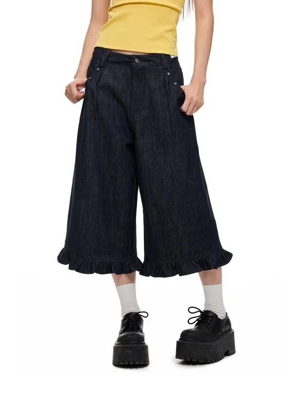 High-Rise Denim Bermuda Shorts with Ruffle Trim sold by Night City Clothing