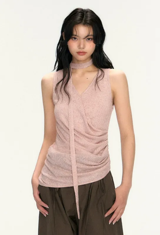 Sleeveless V-Neck Drape Top in Stretch Knit sold by Night City Clothing