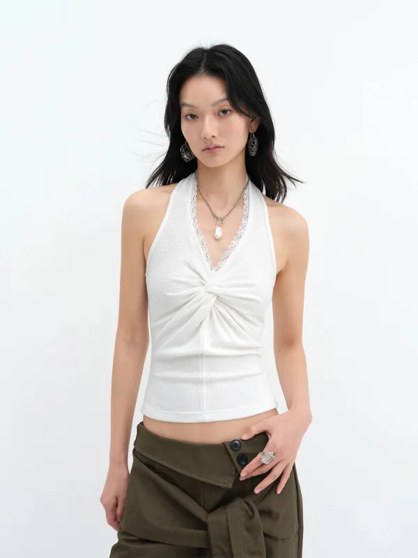 Halter Neck Lace Trim Twist Front Top sold by Night City Clothing