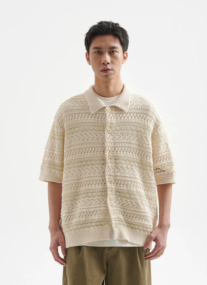 Open Knit Button-Up Shirt with Ribbed Hem sold by Night City Clothing