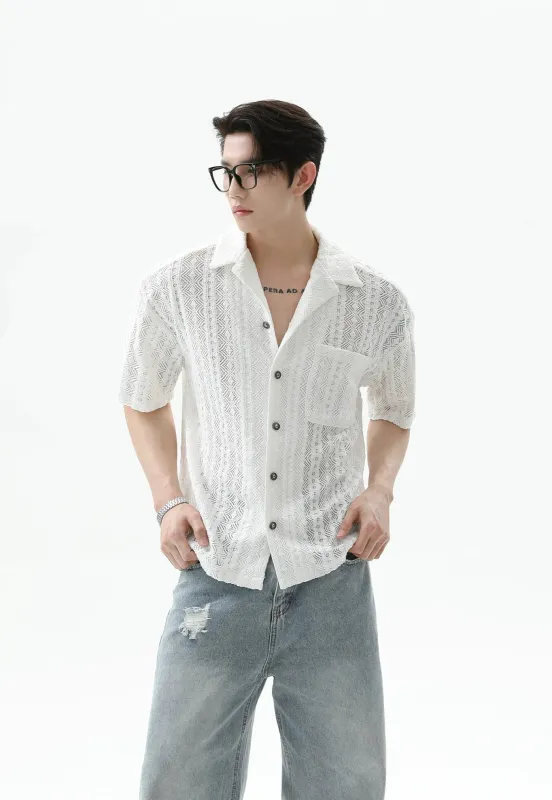 Button-Up Sheer Lace Shirt with Geometric Pattern sold by Night City Clothing