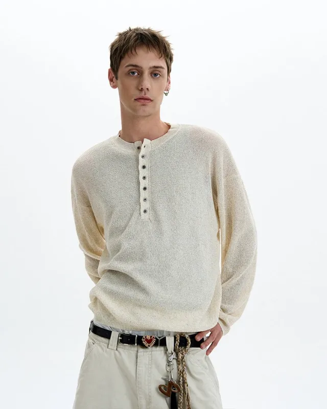 Textured Long Sleeve Sheer Henley Top with Button Detail made by Night City Clothing