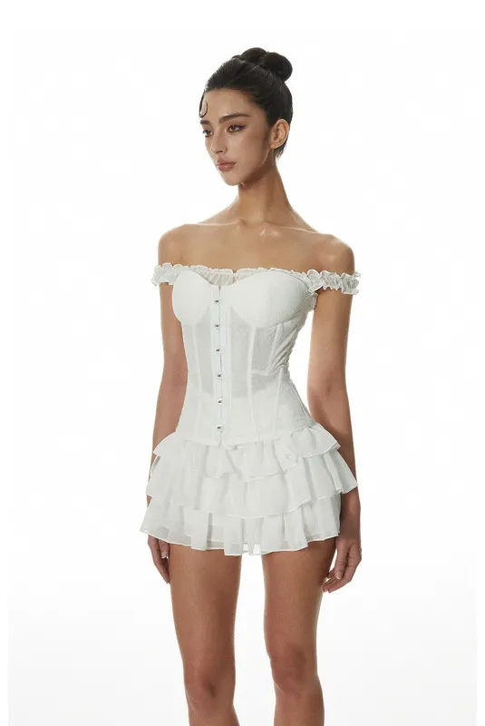 Sheer Off Shoulder Corset Top and Tier Ruffle Mini Skirt Two Piece Set sold by Night City Clothing