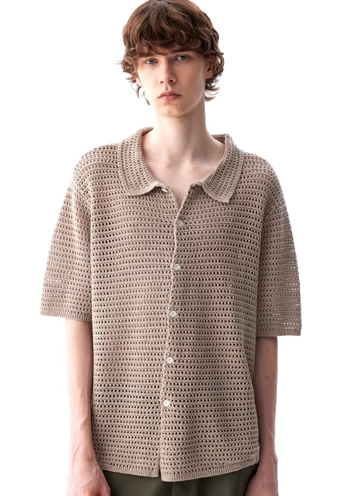Open Knit Button Down Short Sleeve Shirt with Collar sold by Night City Clothing