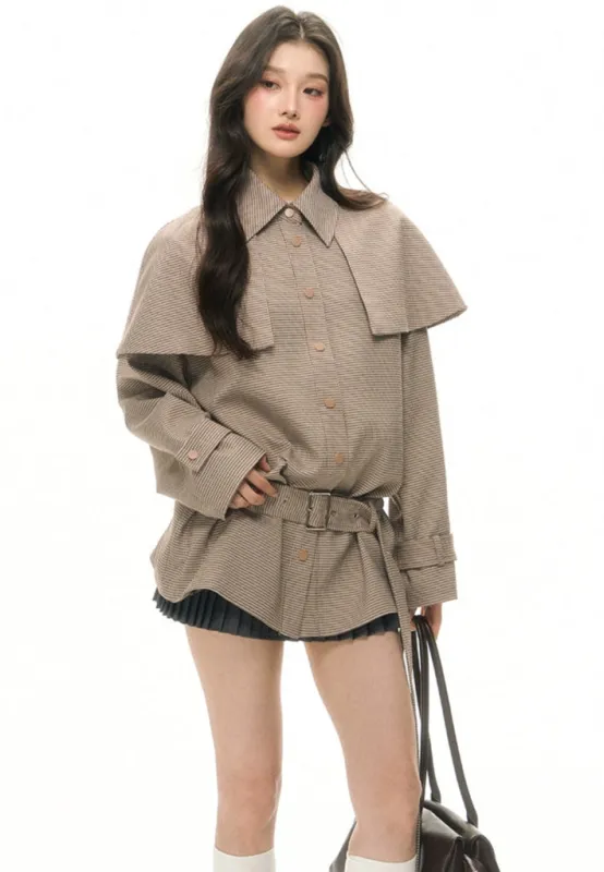 Belted Houndstooth Pattern Shoulder Cape Jacket sold by Night City Clothing
