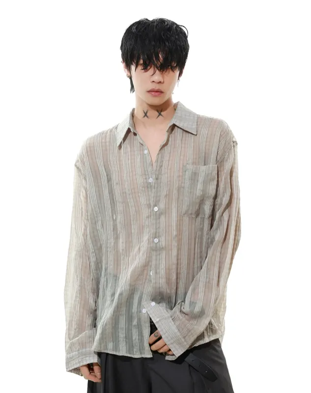 Sheer Striped Button-Up Long Sleeve Shirt with Chest Pocket sold by Night City Clothing