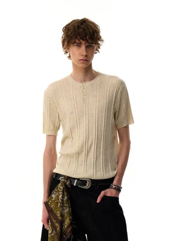 Ribbed Knit Half Button Short Sleeve Shirt sold by Night City Clothing