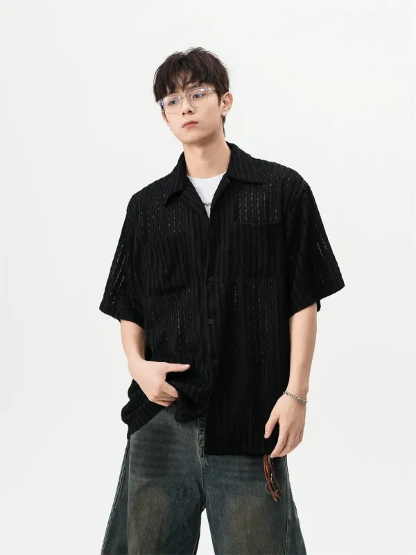 Sheer Open Knit Short Sleeve Button Up Shirt with Chest Pockets sold by Night City Clothing