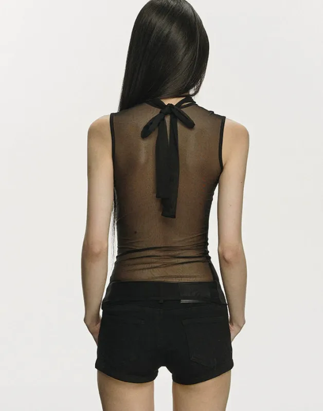 Sheer Back Sleeveless Mesh Top with Tie Neck Detail sold by Night City Clothing