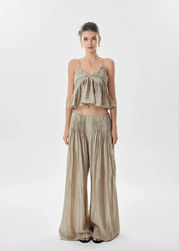 Crinkle Textured Flowy Cami Top and Wide Leg Pleated Pants Two-Piece Set sold by Night City Clothing