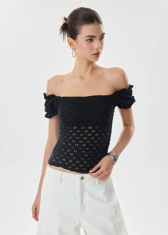 Off Shoulder Eyelet Lace Puff Sleeve Top sold by Night City Clothing