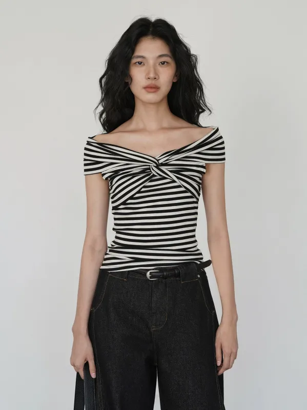 Off Shoulder Twist Front Stripe Top sold by Night City Clothing