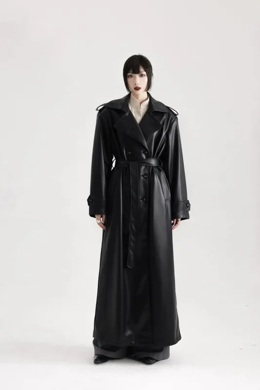 Longline Faux Leather Double Breasted Trench Coat sold by Night City Clothing